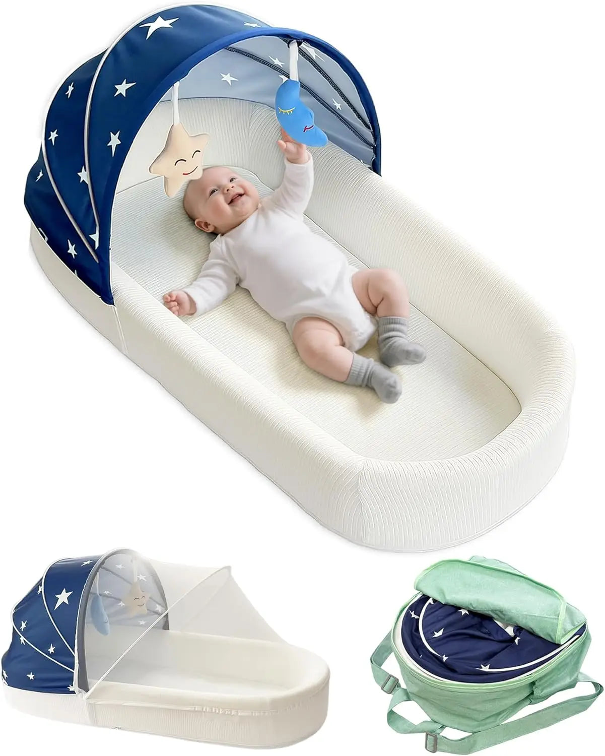 Large Portable Baby Lounger with Canopy & Mosquito Net, Lightweight Foldable Bassinet, Washable Cotton Cover, Blue