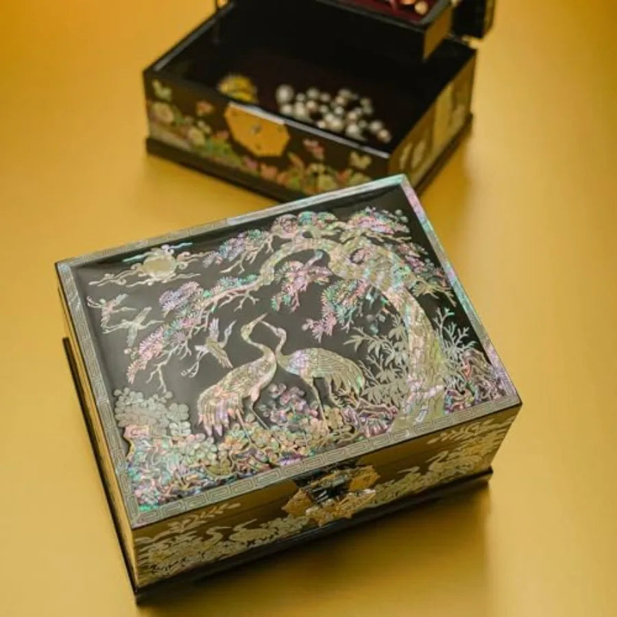 Mother-of-Pearl Crane Jewelry Box Wooden Make Two-Layer Velvet Interior Mirror Lid Lacquer Finish Handmade Korean Art Valentine
