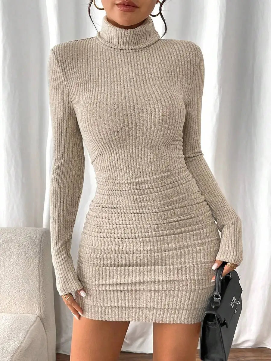 Women's Ribbed Knit Turtleneck Long Sleeve Bodycon Mini Dress