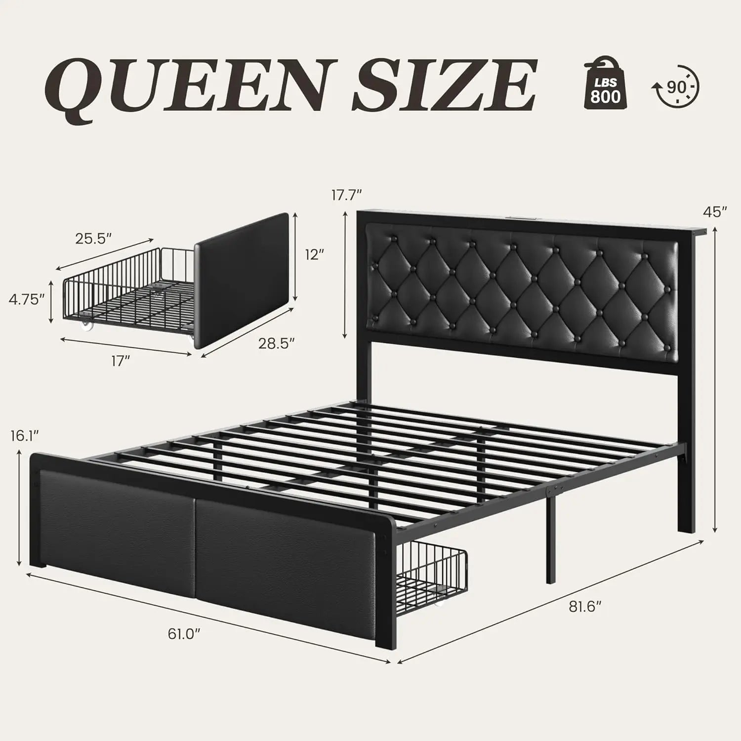 Queen Bed Frame with 2 Drawers, Button Tufted Headboard, Charging Station, Metal Frame, No Box Spring Needed, Black