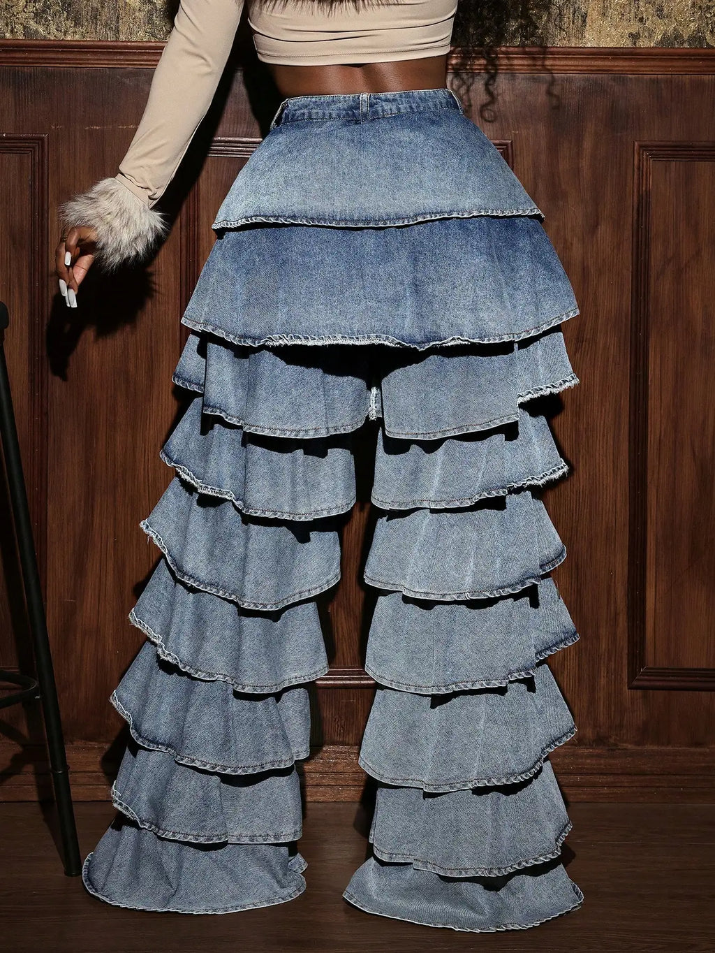 Women's High Waist Ruffled Wide Leg Denim Pants, Casual Layered Tiered Jeans for Streetwear