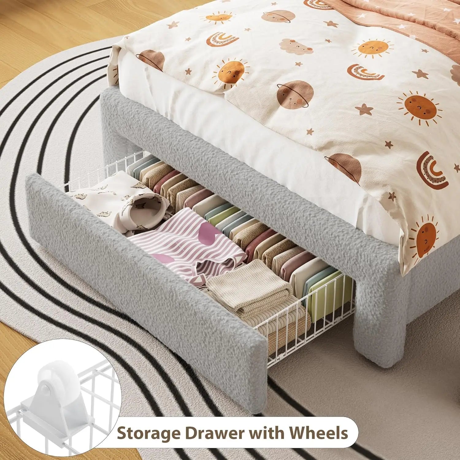 Upholstered Full Bed Frame with 2-Tier Storage Headboard, LED Platform Bed with Charging Station and Drawer for Kids/Girls/Boys,