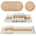 Boho Placemats Set of 13 PCS Handmade Grass Woven Meal Mats and Natural Cotton Linen Burlap, with 1 Macrame Burlap Table Runner