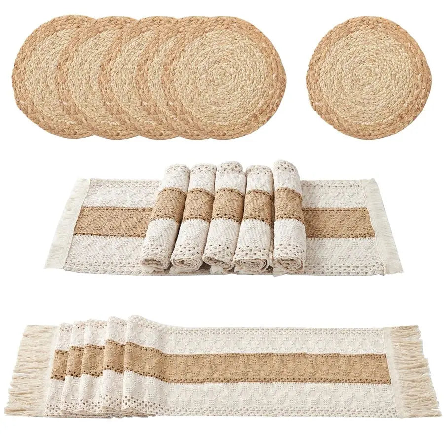 Boho Placemats Set of 13 PCS Handmade Grass Woven Meal Mats and Natural Cotton Linen Burlap, with 1 Macrame Burlap Table Runner