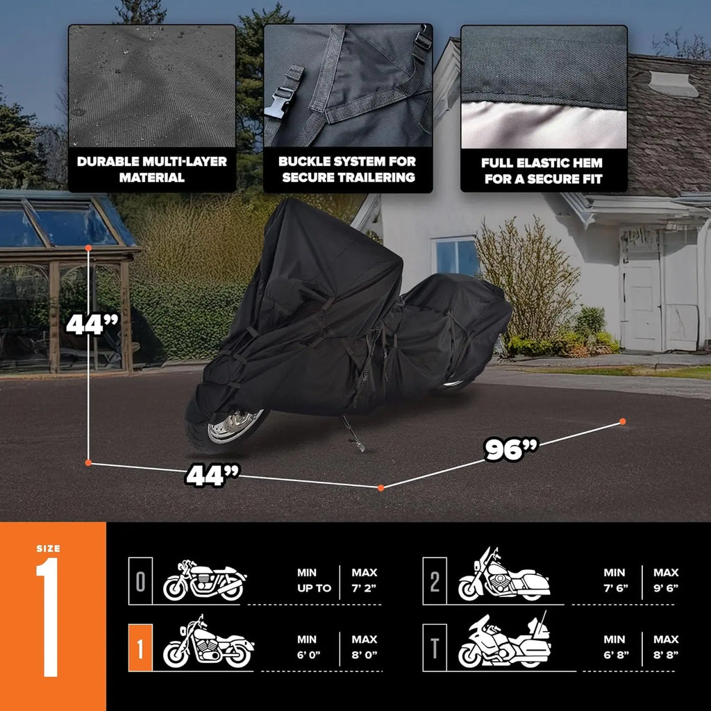 Heavy-Duty Waterproof Motorcycle Cover, 600D Polyester, Fits Up to 96 Inches, All-Weather Protection
