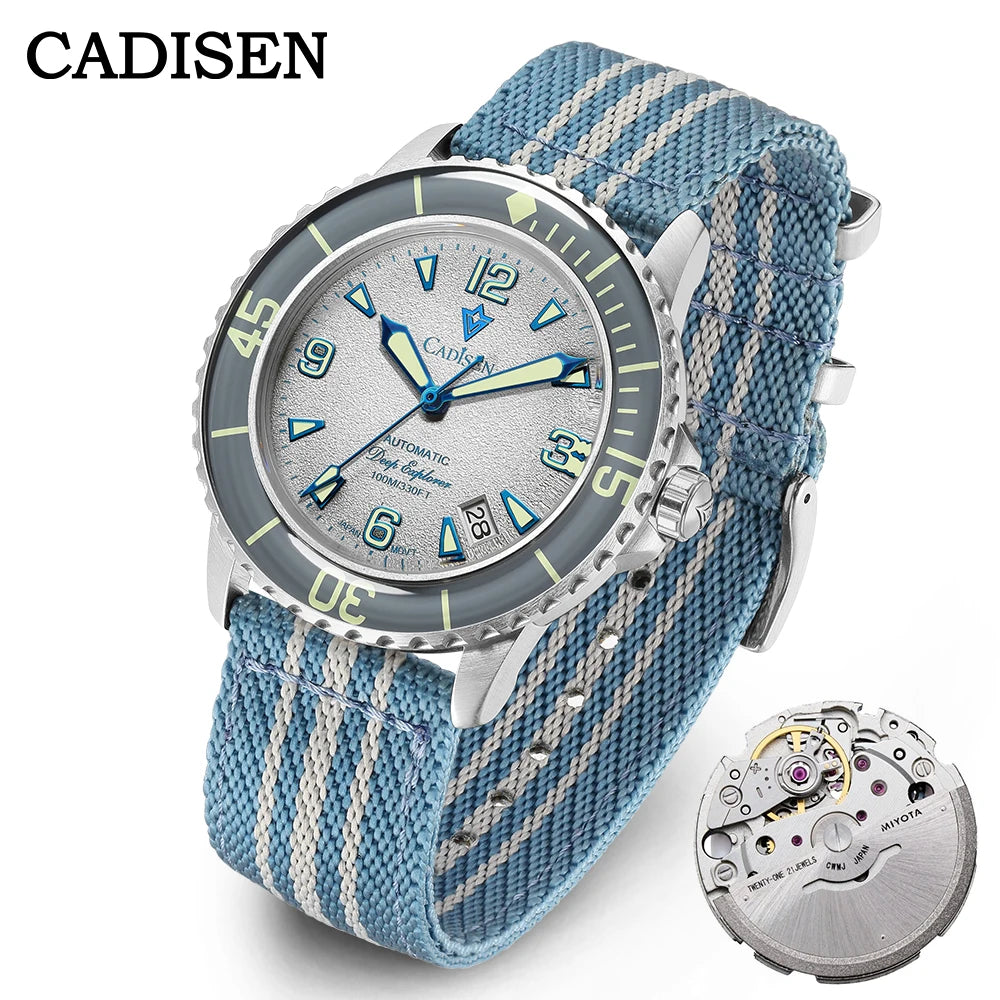 CADISEN Deep Explorer Automatic Mechanical Watch Man Canvas Strap Wristwatch MIYOTA 8215 Luxury Luminous 100M Waterproof Watches