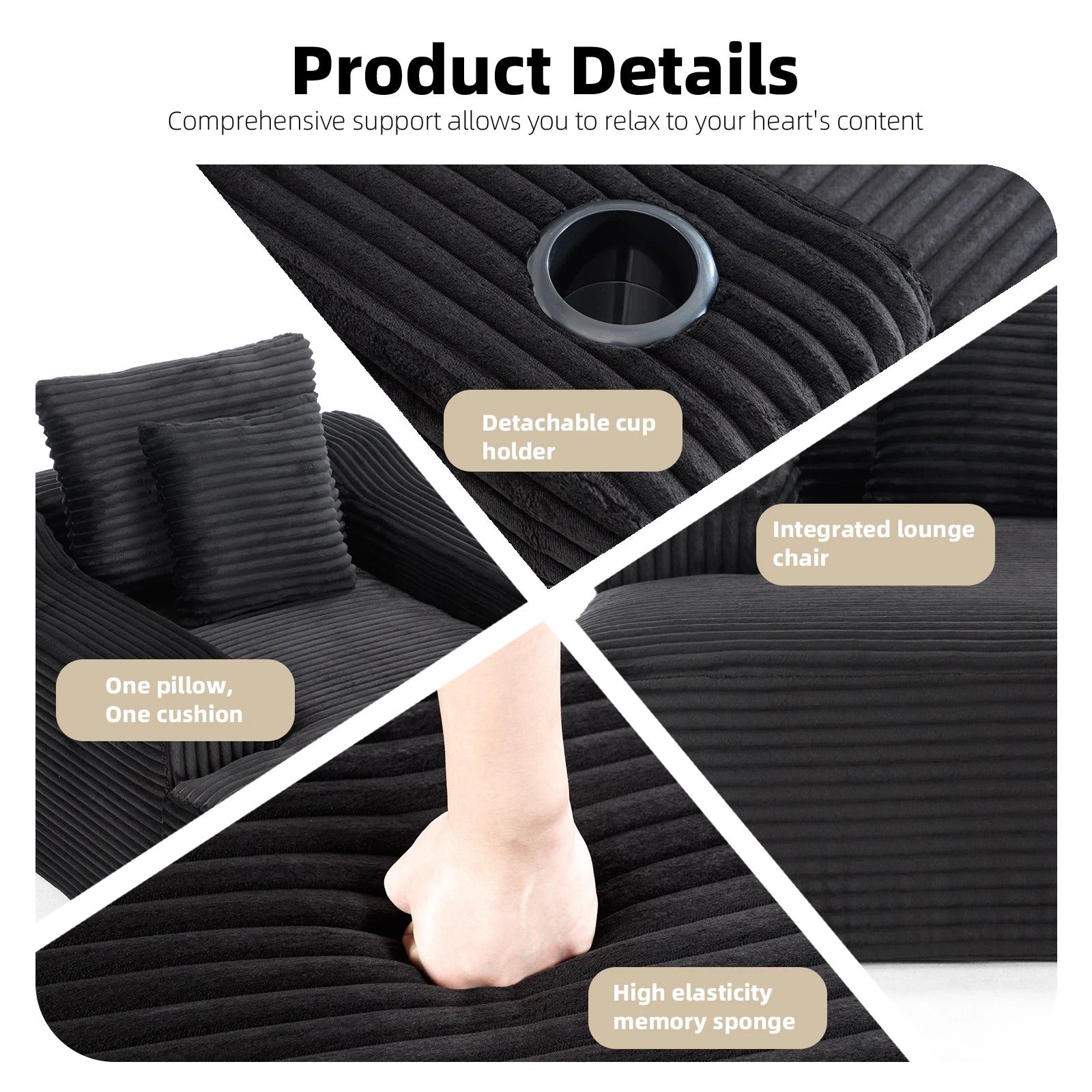 67'' Corduroy Chaise Lounge Chair Indoor, Oversized Upholstered Boneless Sofa Bed, Cloud Sofas Couches for Living Room