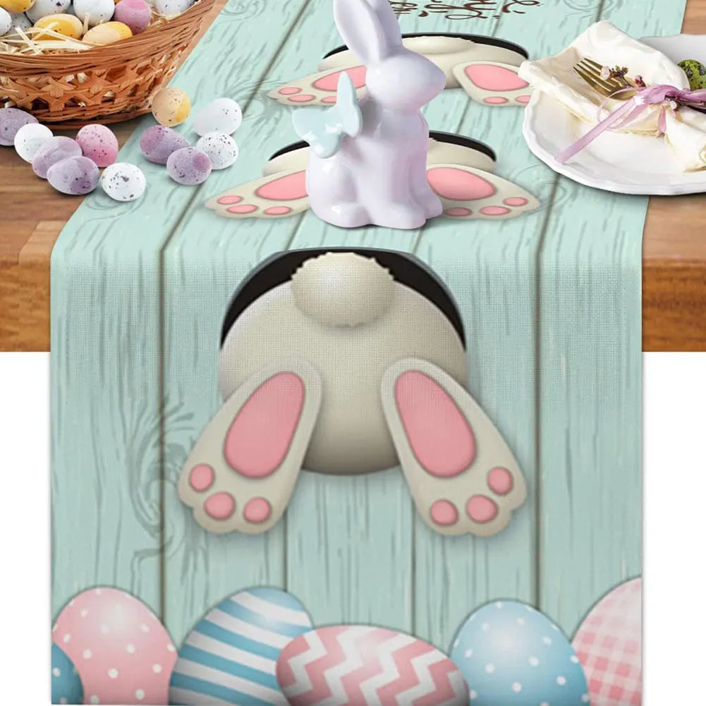 Easter Bunny Linen Table Runner Easter Rabbit Table Runner Washable Easter Bunny Spring Linen Table Runner Holiday Party Decor
