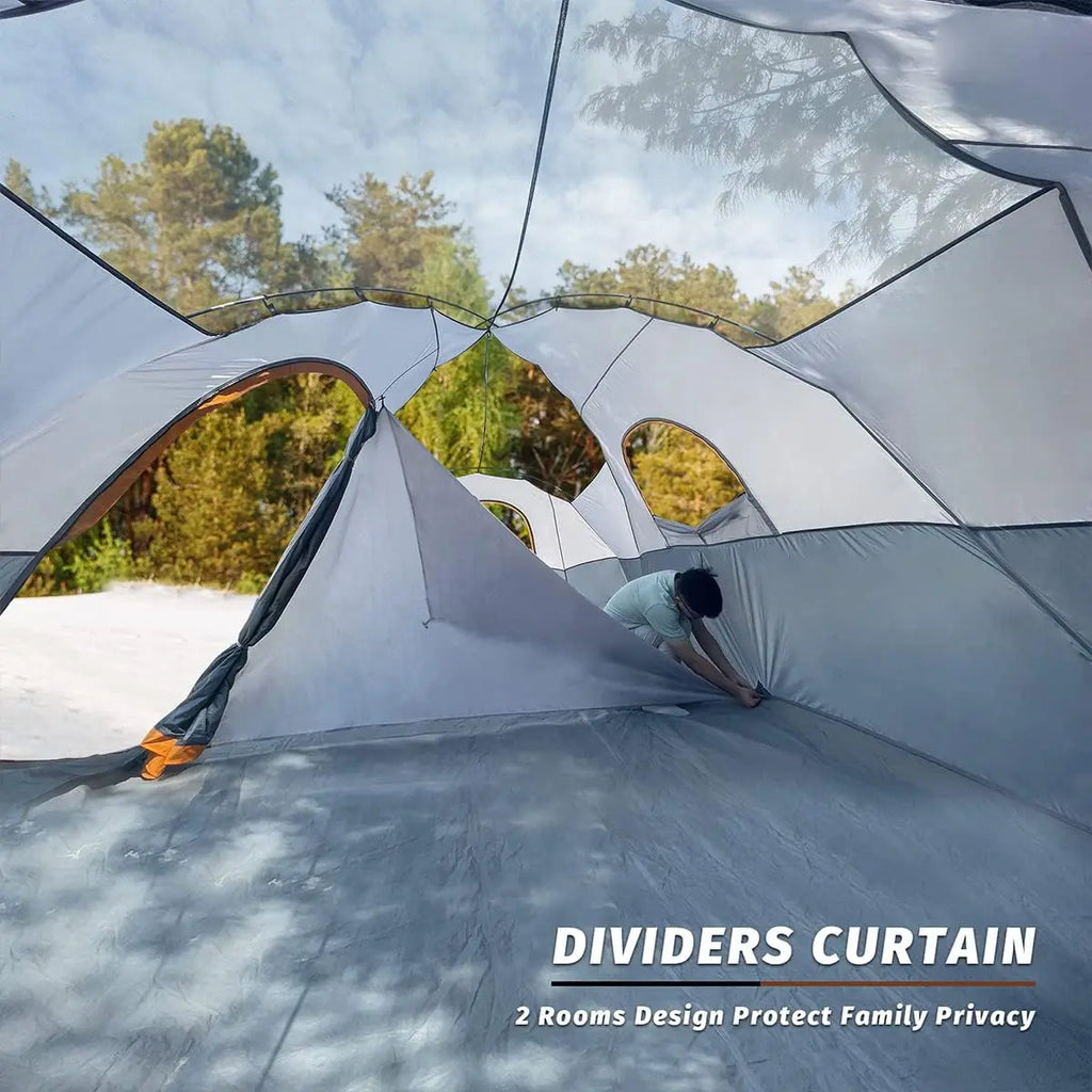 10-Person Family Camping Tent, Easy Setup, Waterproof, 2 Rooms, Large Mesh Windows for Ventilation