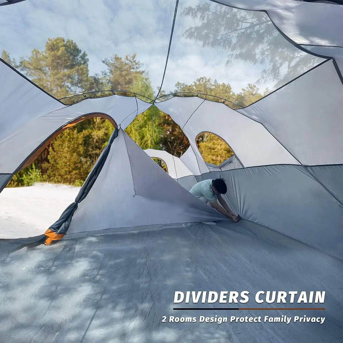10-Person Family Camping Tent, Easy Setup, Waterproof, 2 Rooms, Large Mesh Windows for Ventilation
