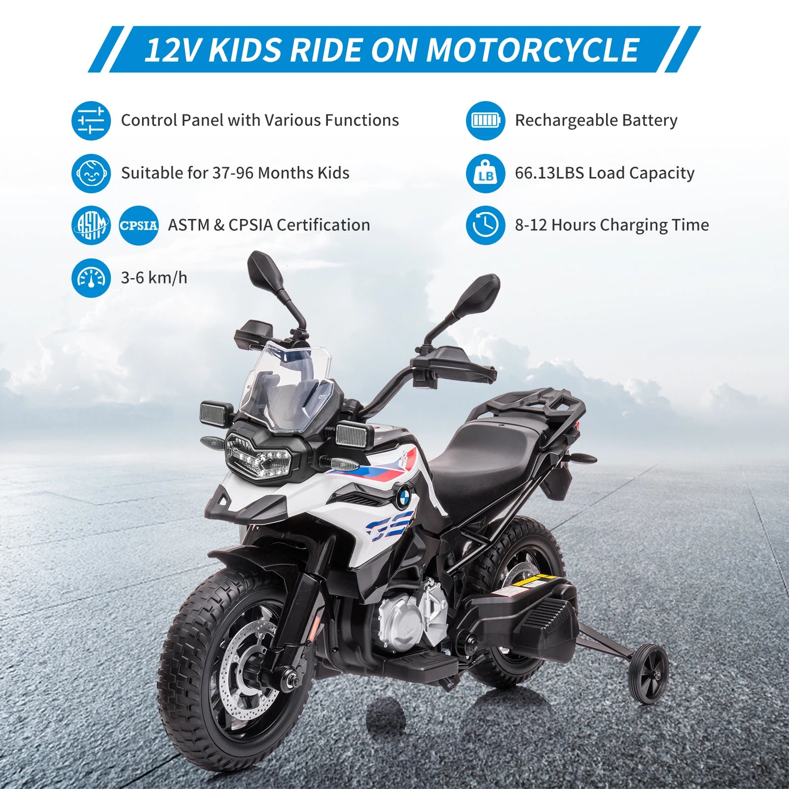 12V Kids Ride on Motorcycle Licensed BMW Motorbike with High/Low Variable Speed,Warning Lights,Training Wheels for Toddlers/Kids