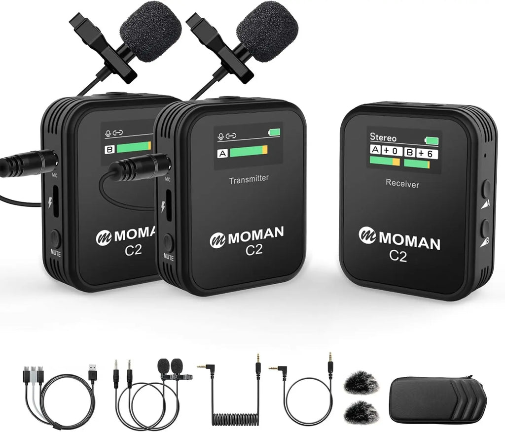 Wireless Lavalier Mic C2X 2.4G Dual Transmitter Lapel Mic for YouTube Vlog Stream Camera Smartphone