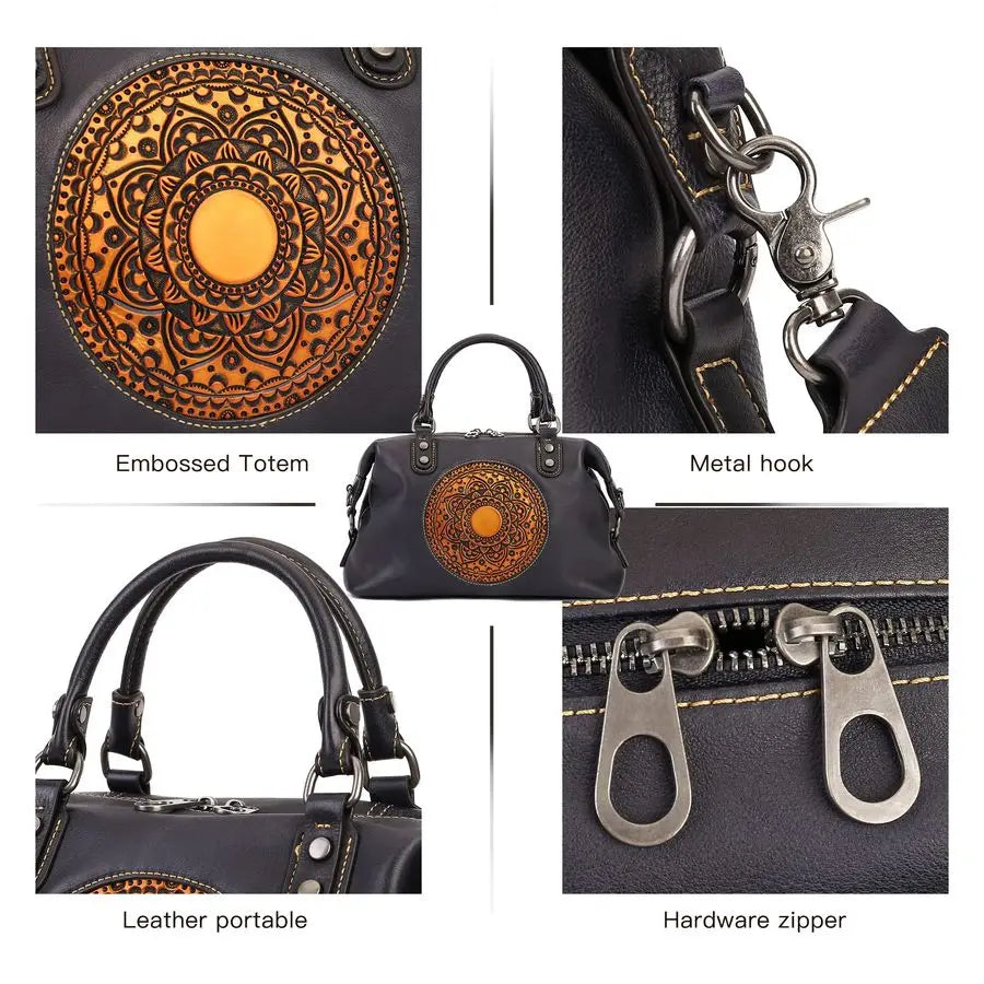 Handbag for Women, Genuine Leather Purses Retro Mandela Crossbody Handbag Tote Bag