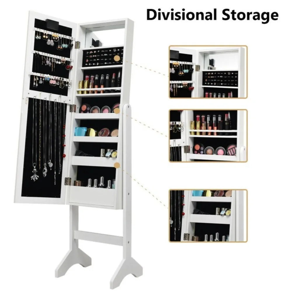 Jewelry Cabinet Armoire Storage Organizer Free Standing Full Mirror w/LED Lights