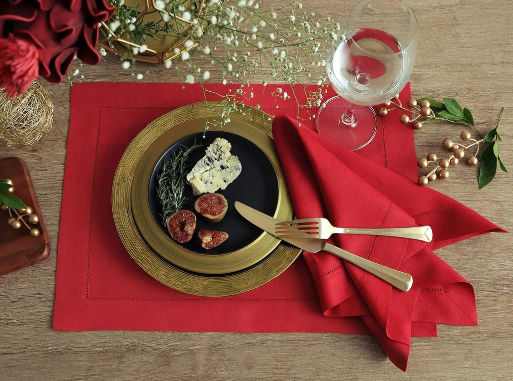 Set of 4 Red Linen Placemats with Classic Hemstitch, 14x19 Inch, 100% Pure Linen for Holiday Table Decor