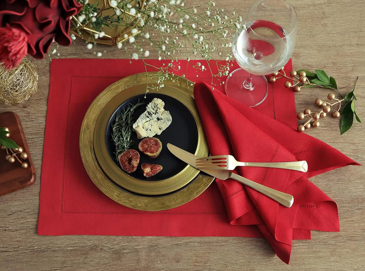 Set of 4 Red Linen Placemats with Classic Hemstitch, 14x19 Inch, 100% Pure Linen for Holiday Table Decor