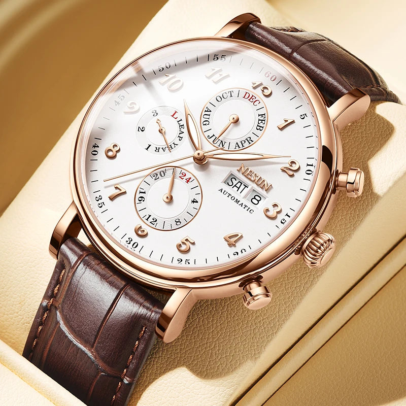 NESUN automatic mechanical men's watch with multi-functional luminous stainless steel case, a classic business men's watch