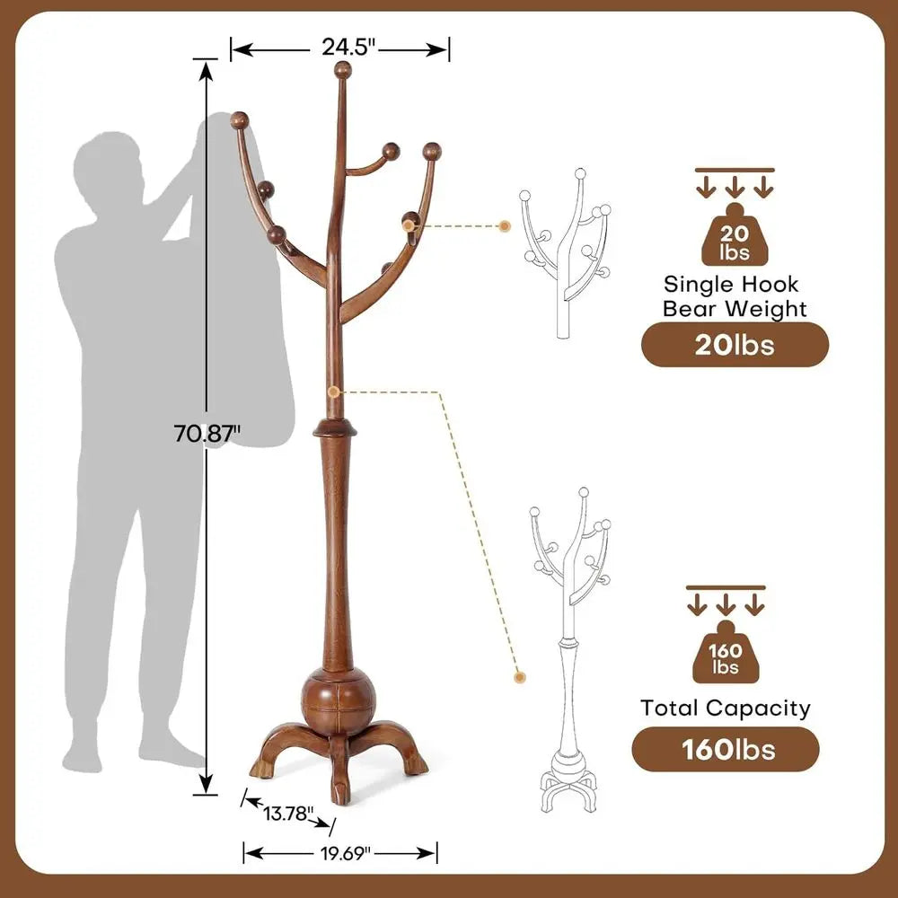 Wooden Coat Rack Freestanding with 8 Hooks, Heavy Duty Coat Hanger Stand with Stable Base, Vintage Coat Tree Standing
