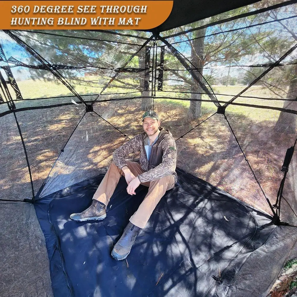 Portable 360-Degree See-Through Hunting Blind with Floor Mat and Carrying Bag for 2-4 Person Use