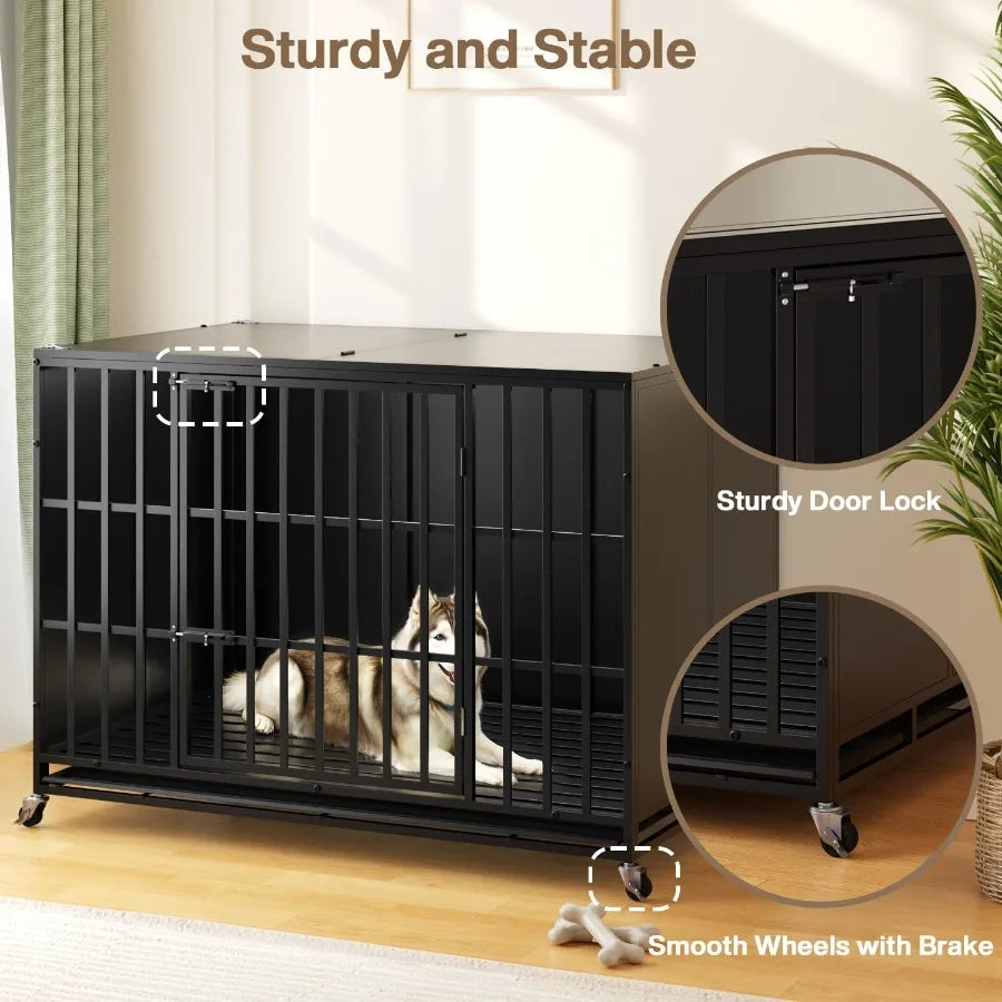 48/42 inch Heavy Duty Indestructible Dog Crate for High Anxiety Large Dogs Extra Large Steel Escape Proof Dog Kennel with Wheel