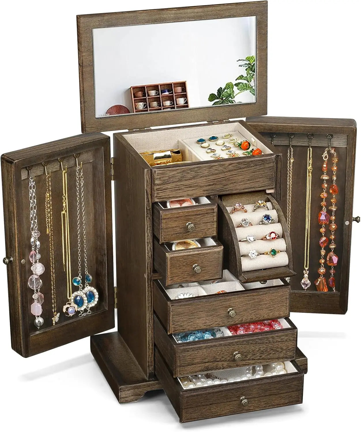 Rustic Wooden Jewelry Box for Women, 6-Layer Organizer with Mirror & Drawers, Carbonized Black
