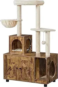 All-in-One Indoor Cat Litter Box Enclosure with Tree, Scratching Posts, and Wooden Furniture for Kittens