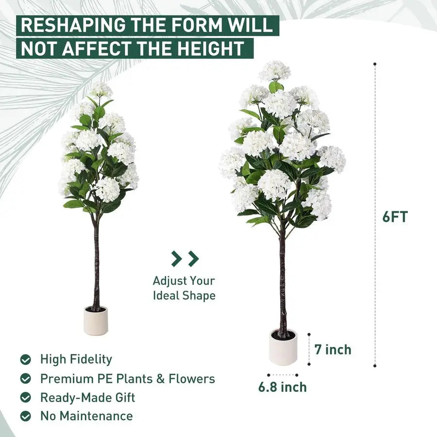 FT Artificial Hydrangea Tree Large Faux Hydrangea Plants Indoor OutdoorFake Flower Trees with White Tall Planter for Home Garden