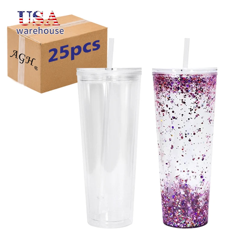 25pcs 24oz Clear Double Wall Reusable Plastic Snow Globe Acrylic Tumbler Cup With Pre-drilled Hole Wang