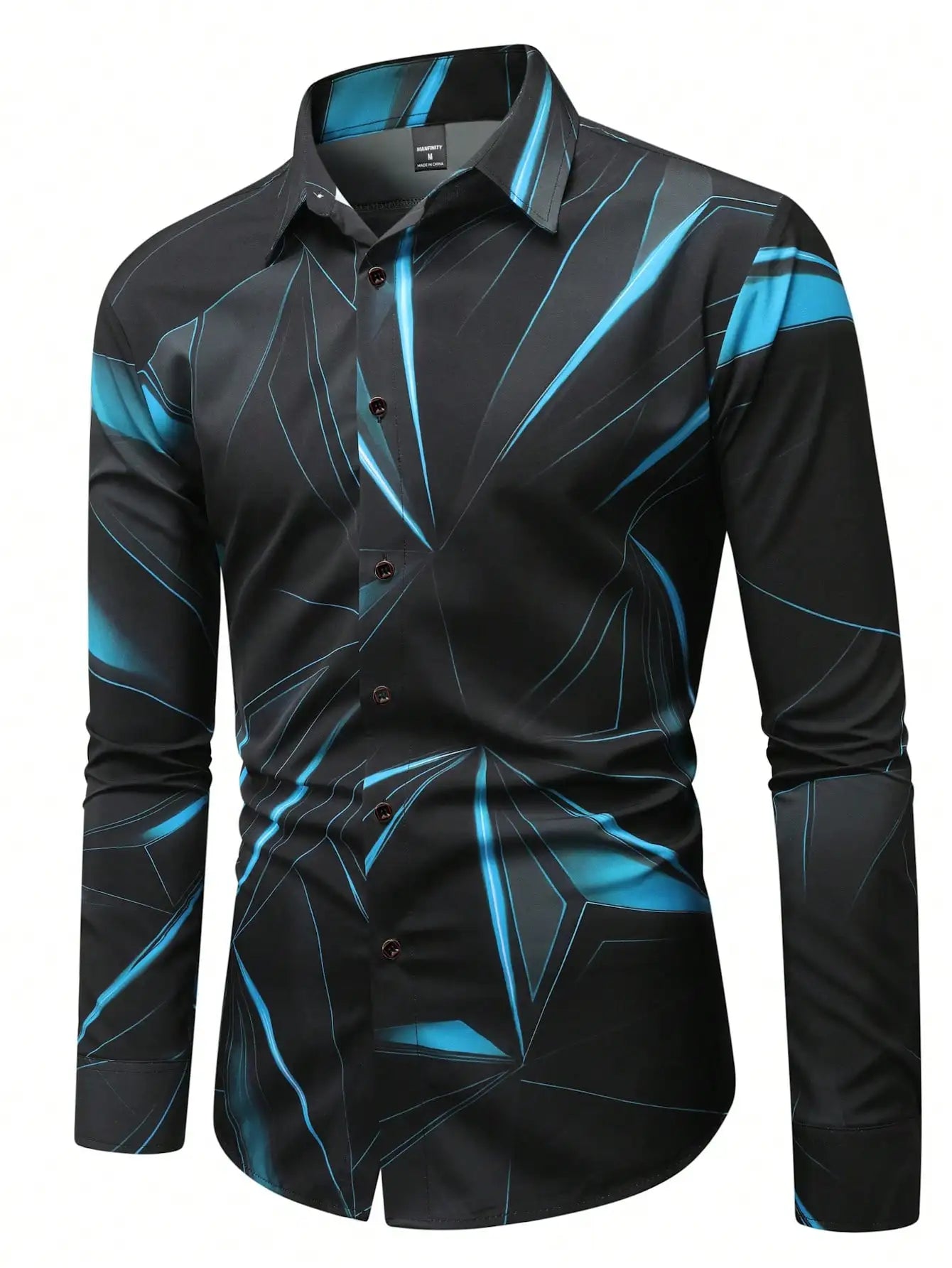 Men's Black Long Sleeve Shirt with Blue Geometric Graphic Pattern, Casual Style