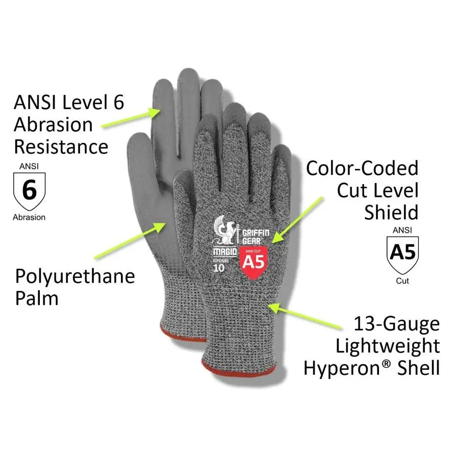 Griffin Gear ANSI A5 Polyurethane Palm Coated Work Gloves, 12 Pairs, Size 9 Large GPD591