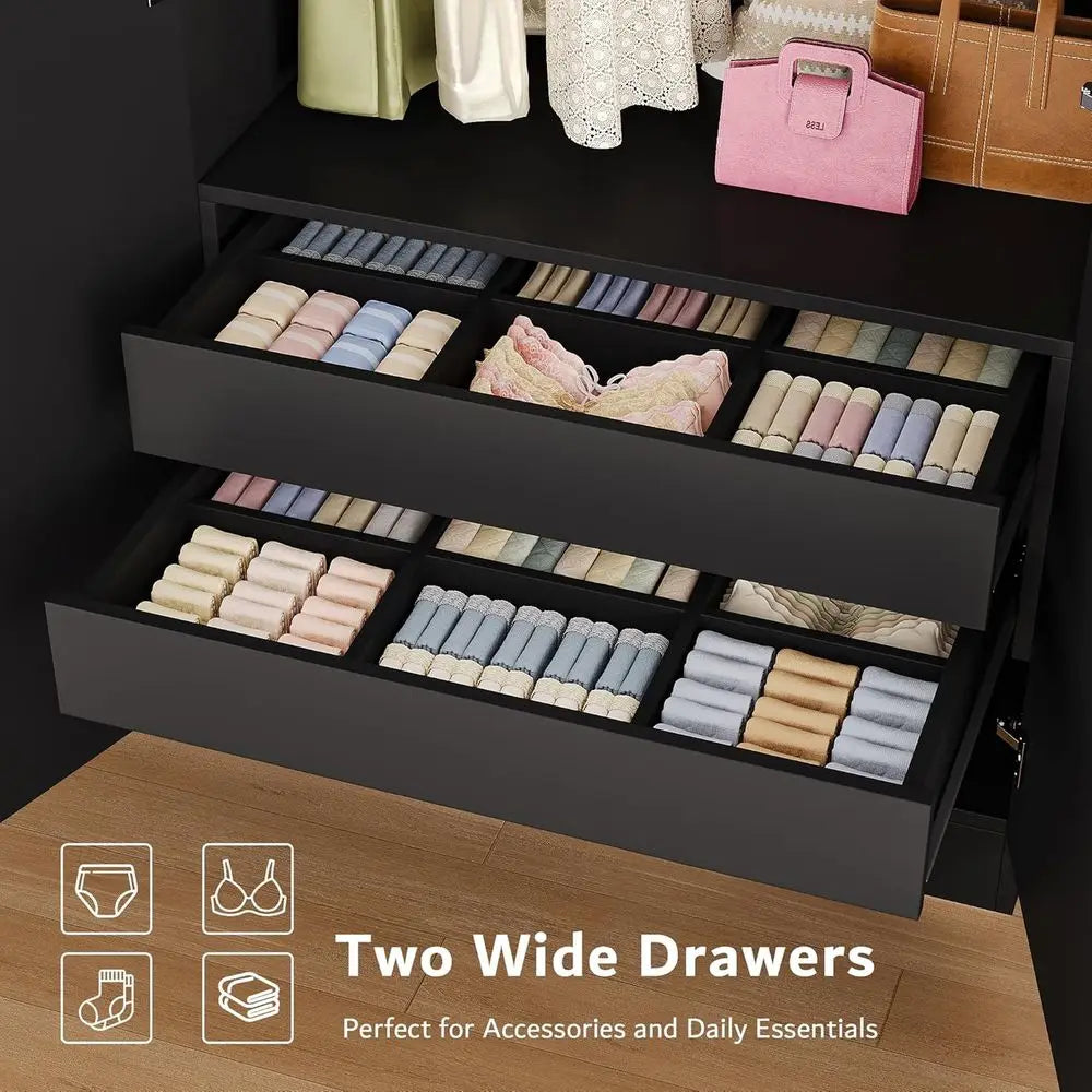 Armoire Wardrobe Closet with 2 Drawers, 63 Large Wardrobe Cabinet with Removable Hanging Rods and Adjustable Shelves, Closet Sto