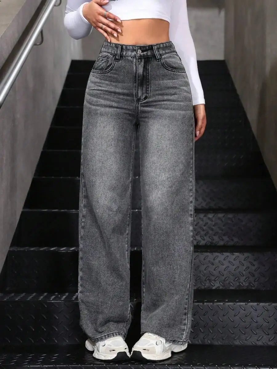 High Waist Wide Leg Jeans for Women, Light Washed Retro Denim Pants, Casual Streetwear Style
