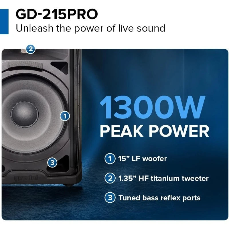 GD-215PRO: 1300W Bluetooth DJ PA Speaker with 15” Woofer, 3-Channel Mixer, TWS Link & EQ – Professional Sound for DJs, Li