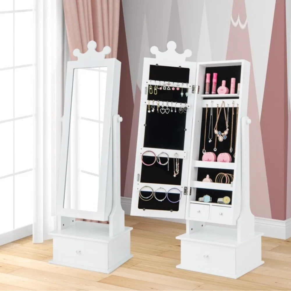 2-in-1 Kids Jewelry Armoire Full-Length Mirror Jewelry Organizer Girl W/ Drawers