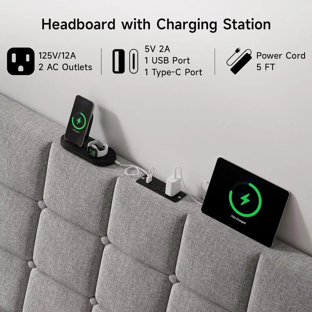 Upholstered Headboard Queen Size w/Charging Station, Linen Wingback Headboards w/Storage Pocket, Queen Headboard Only, Bed Frame