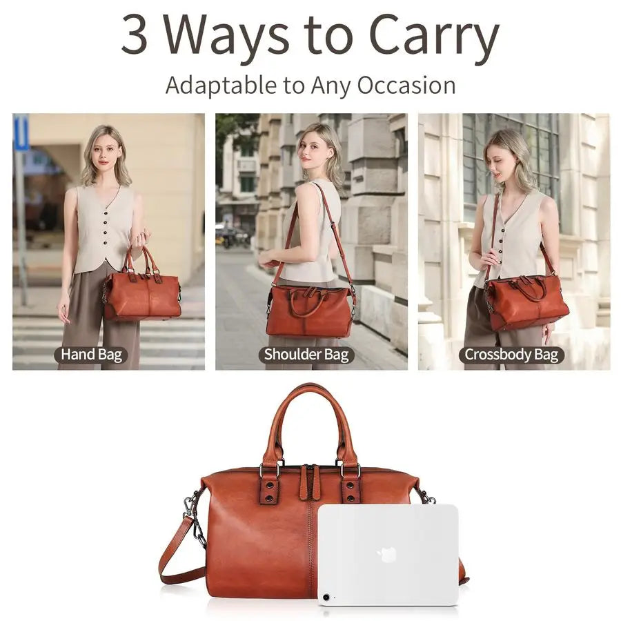 Full Grain Leather Tote Bag for Women Work Shoulder Crossbody Purse Large Capacity fits 14 Inch Laptop Upright Water Bottle Soft