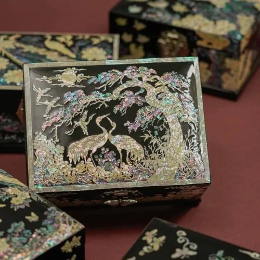 Mother-of-Pearl Crane Jewelry Box Wooden Make Two-Layer Velvet Interior Mirror Lid Lacquer Finish Handmade Korean Art Valentine