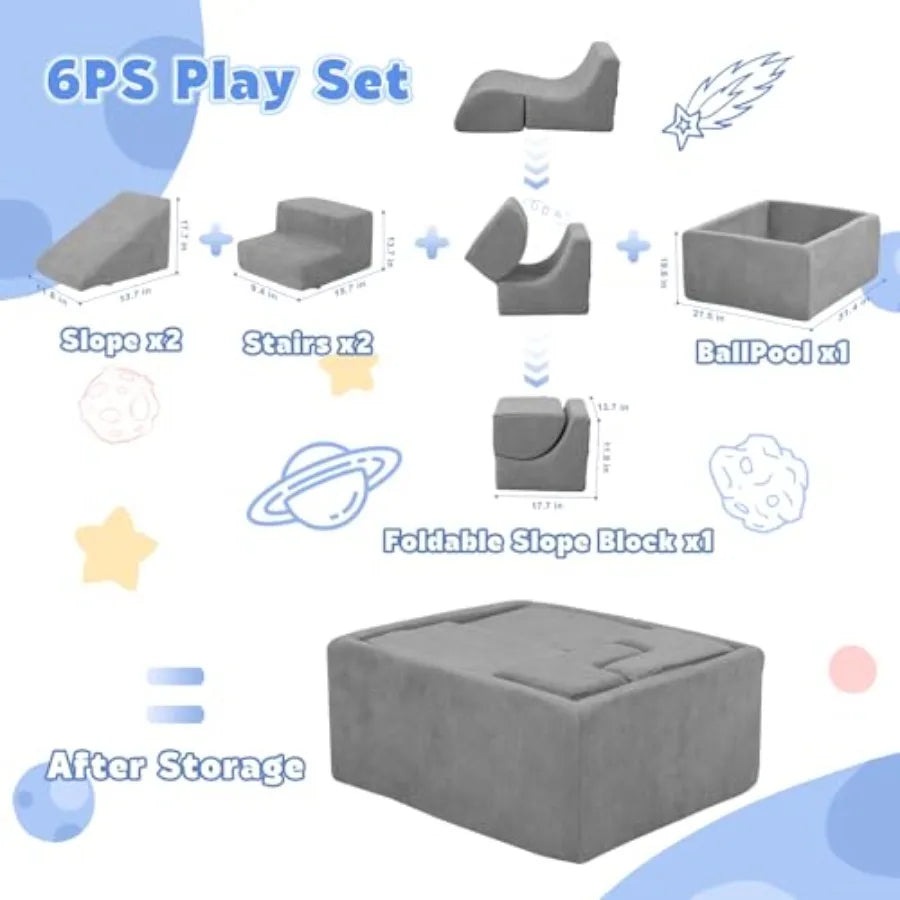Soft Foam Climbing Blocks with Ball Pit 6PCS Grey Indoor Climbing Toys for Toddler Climb and Crawl Activity Play Set,Grey