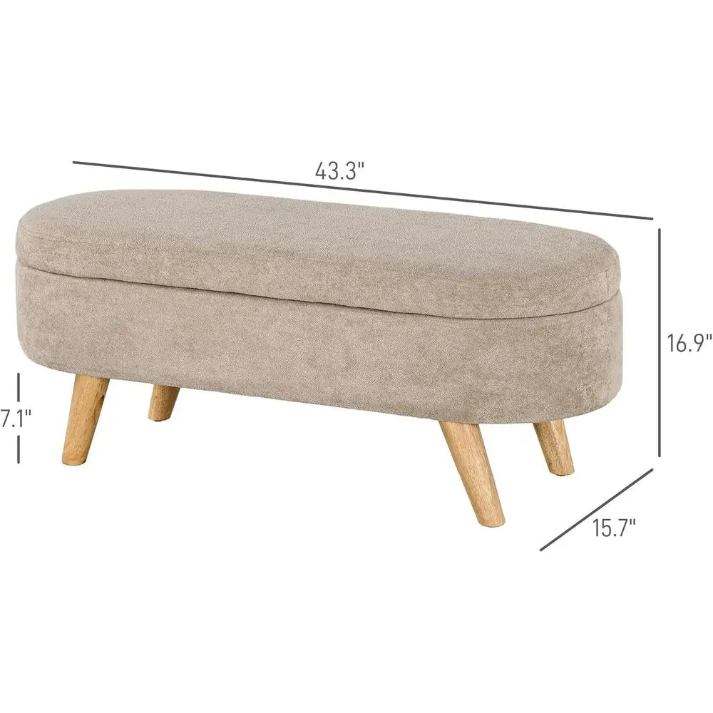 Storage Ottoman, 43.3 Teddy Fleece Upholstered End of Bed Bench with Wood Legs and Padded Seat, Oval Modern Entryway Bench, Beig