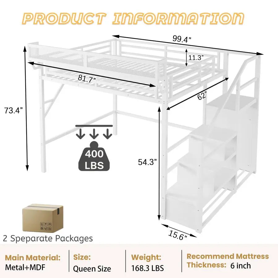 Size Loft Bed with Staircase, Metal Loft Beds with Storage Shelves amp Wardrobe, High Lofted Bed Frame, Loft Tall Bed for Boys