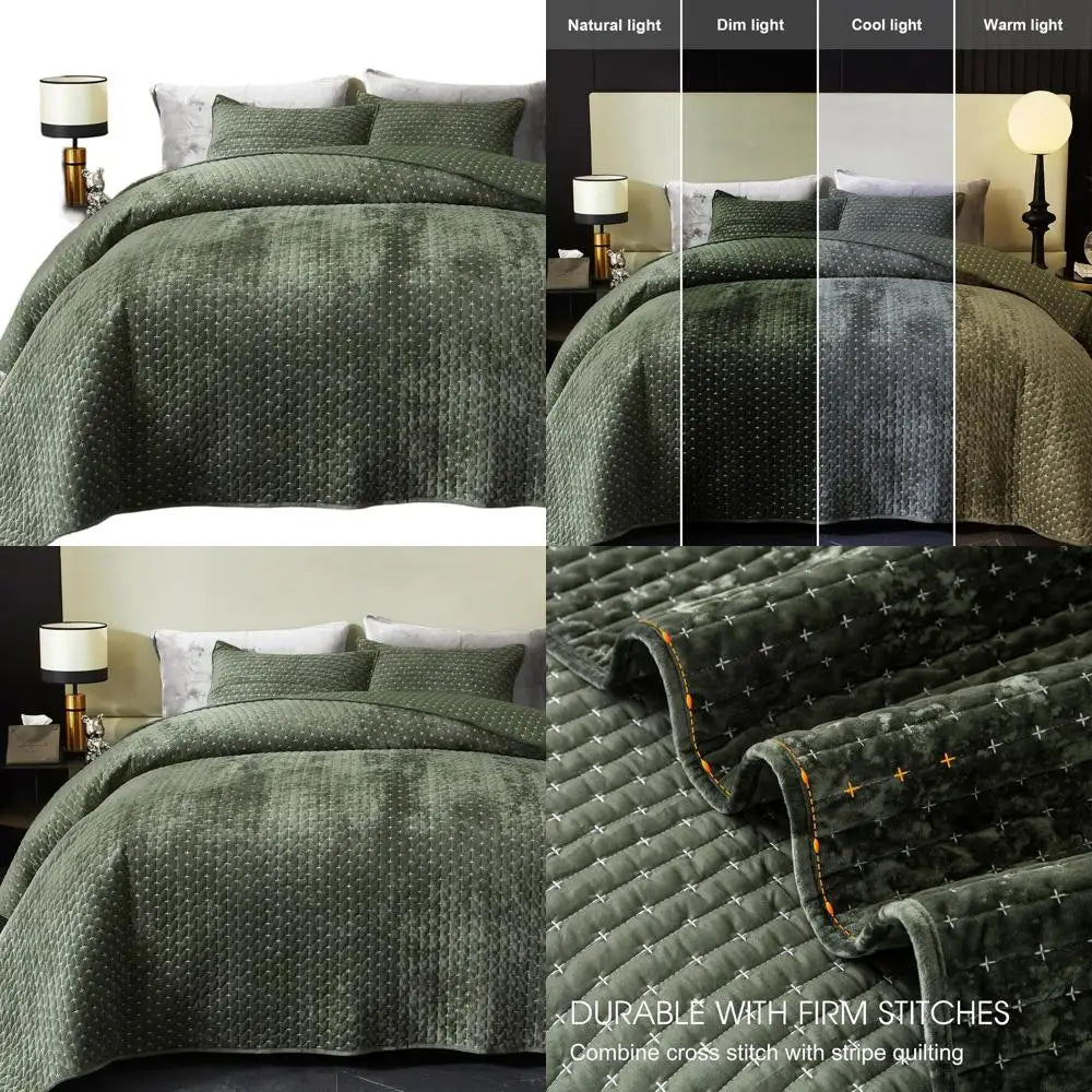 King Size Velvet Quilt, Oversized Striped Comforter Set, Luxurious Lightweight Coverlet with 2 Shams, 96x106 Army Green Quilt Se