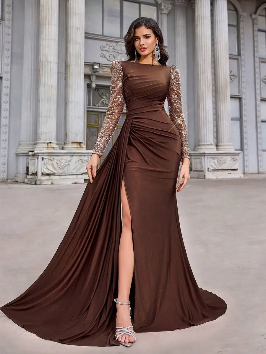 Coffee Brown Sequin Long Sleeve Ruched Fishtail High Slit Evening Dress for Gala Birthday Formal Occasion