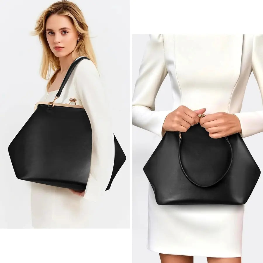Womens Kiss Lock Bag PU Medium Top Handle Handbags Kiss Clasp Shoulder Bags Tote Purse Messenger Clutch