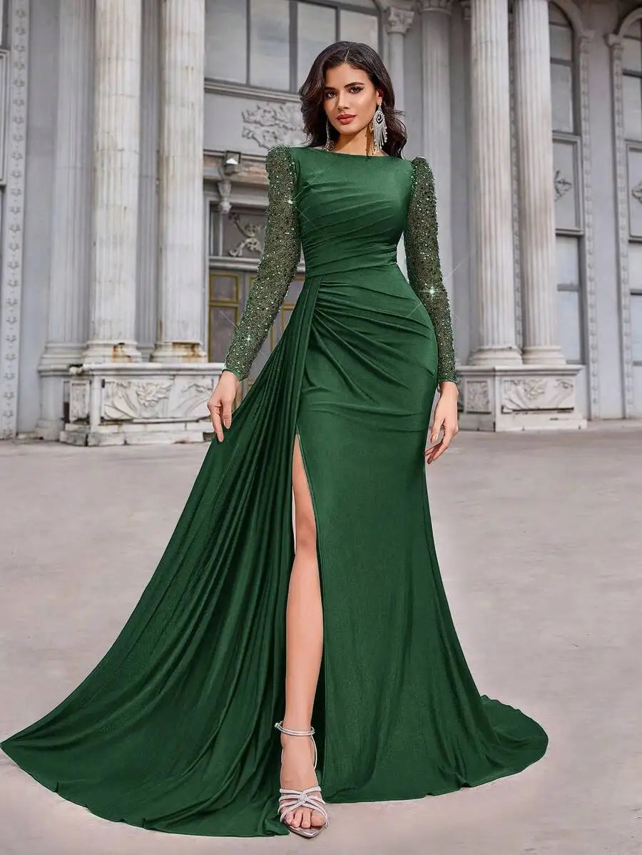 Coffee Brown Sequin Long Sleeve Ruched Fishtail High Slit Evening Dress for Gala Birthday Formal Occasion