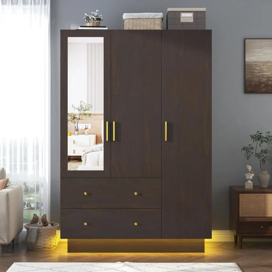 Doors Armoire Wardrobe Closet with Mirror, LED Armoire with Doors and Drawers, Wooden Wardrobe Storage Cabinet with Hanging Rod