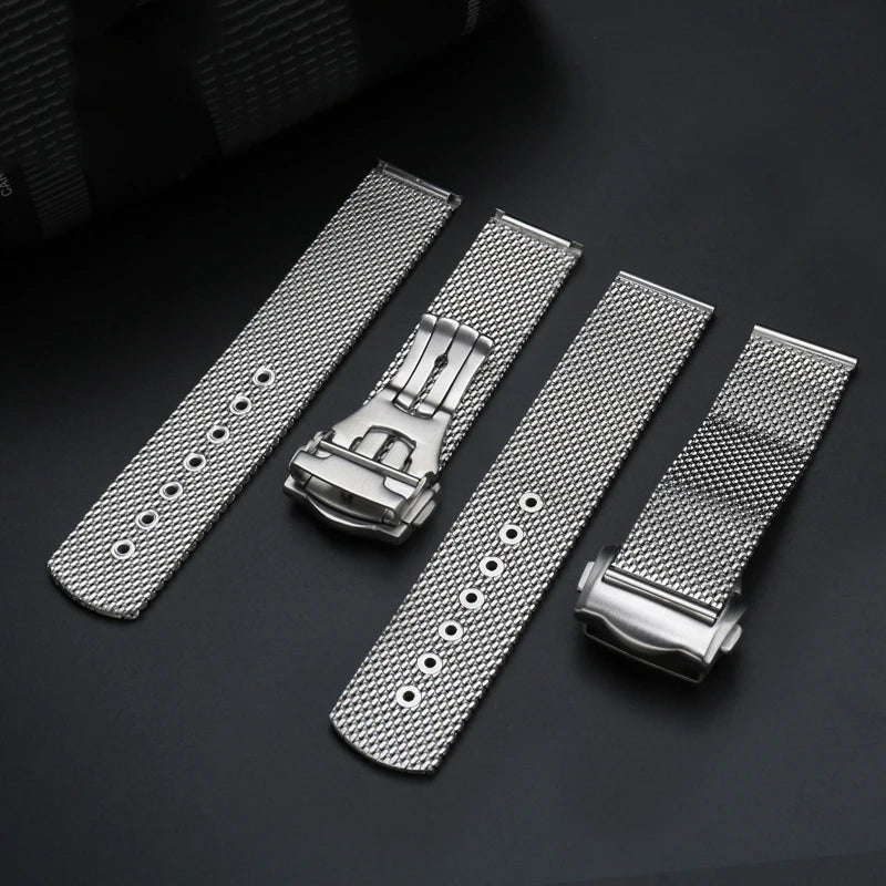 20mm Mesh Stainless Steel Watch Strap Folding Butterfly Buckle Quick Release Metal Band Man Bracelet for 007 Seamaster