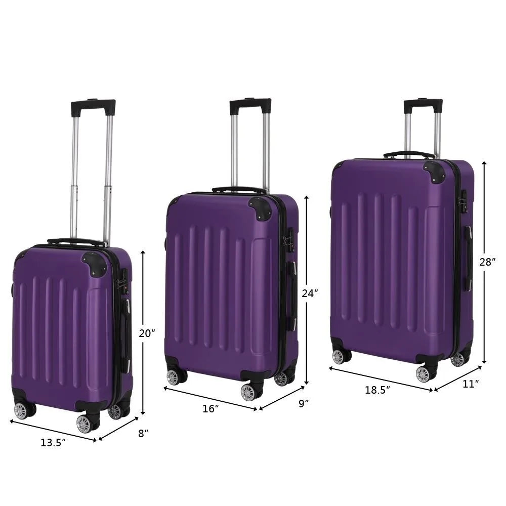 3PCS 20/24/28" Luggage Travel Set Bag TSA Lock Trolley Carry On Suitcase Purple