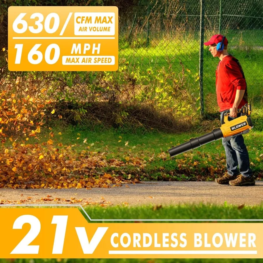 Cordless Leaf Blower Upgraded 630CFM 160MPH 21V Powerful Electric Outdoor Garden Tool with 2 x 4.0Ah Batteries and Charger for