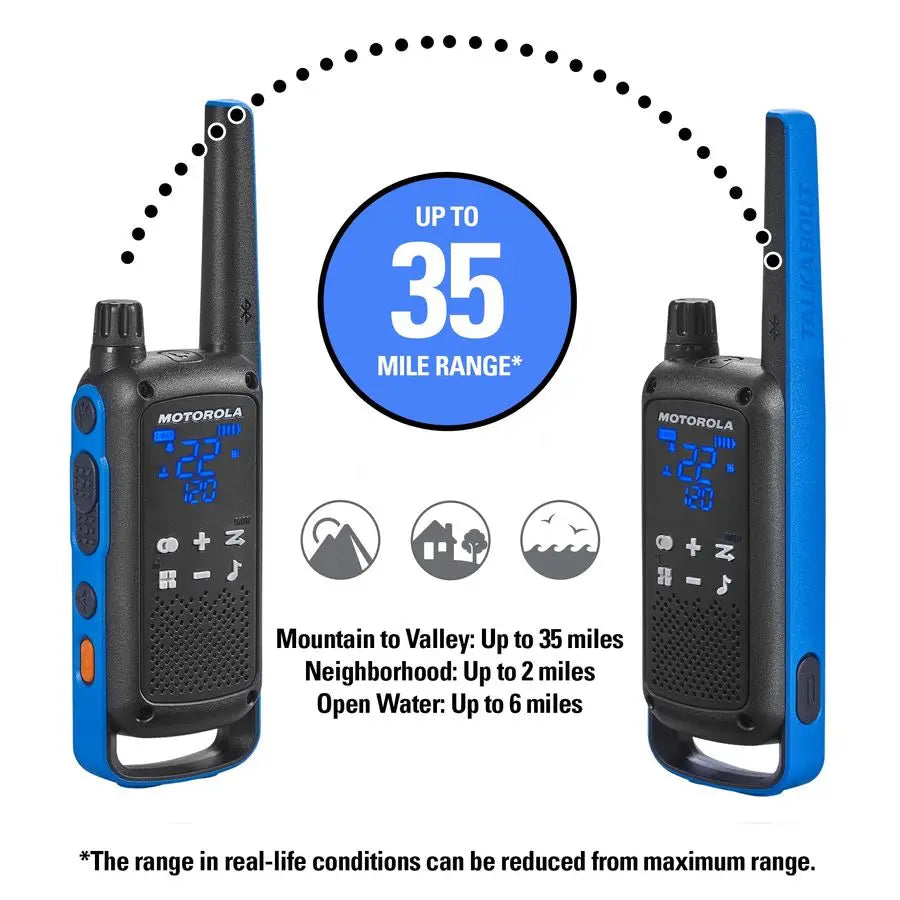 Portable FRS, T802, Talkabout, TwoWay Radios Waterproof IP54 Walkie Talkie Emergency Preparedness, Rechargable, 22 Channel, 35 M