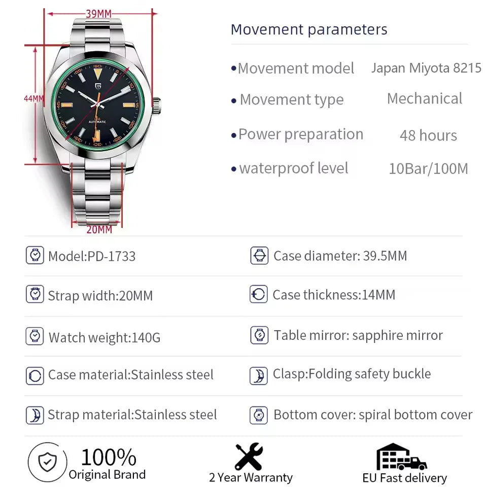 PAGANI DESIGN Green Circle Mechanical Watch Japan Movt Waterproof Sapphire Men watch 316L All Steel Luminous Luxury Man watch